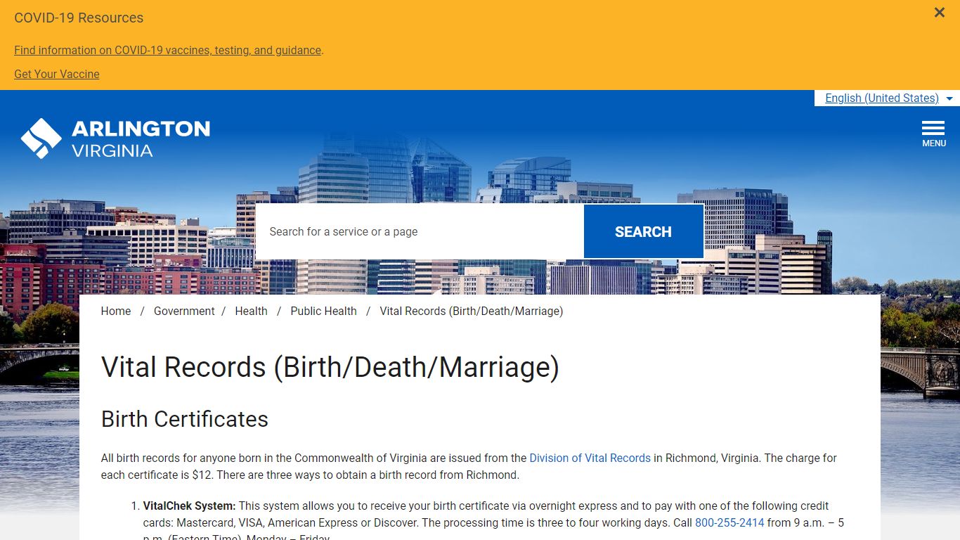 Vital Records (Birth/Death/Marriage) - Arlington County, Virginia